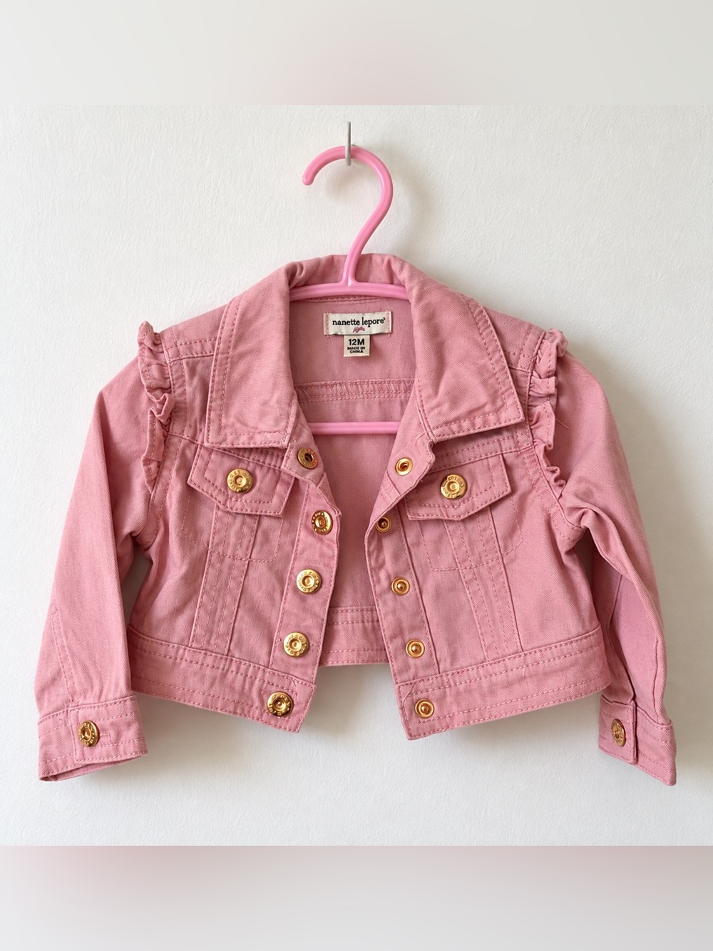 Nanette Lepore Baby Girls Pink Denim Jacket 12M Ruffle Gold Buttons